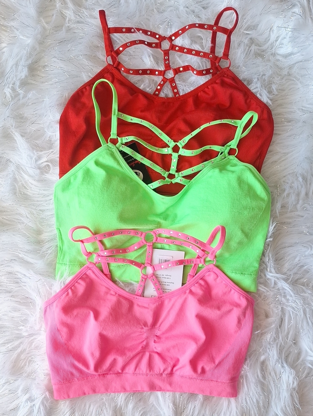 Biker Chick Swarovski Strappy Bralette Lot Of Three Bras Red, Lime Green & Pink